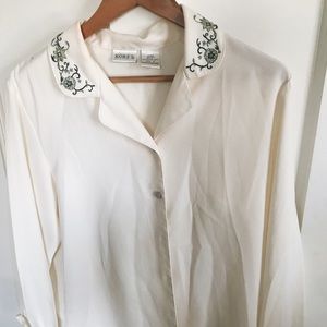Silk white embroidered button down